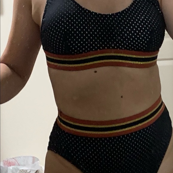 High waisted swim suit in black with maroon & gold - Picture 2 of 4